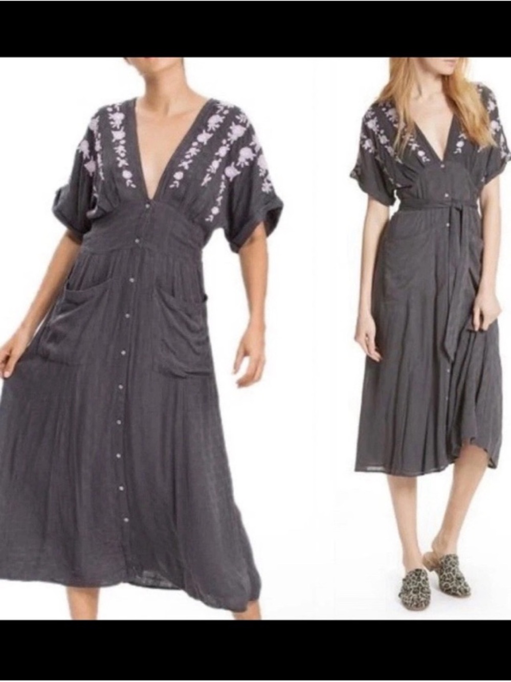 Free People Purple/Gray Midi Dress with Lavender Floral Embroidery